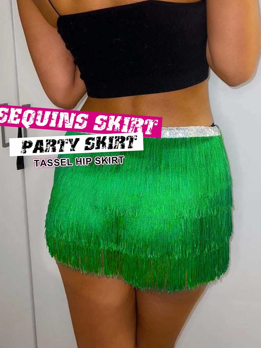 Silver Sequin Green Tassel Skirt - Image 6
