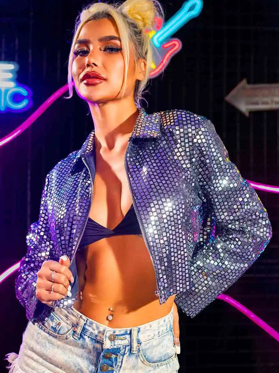 Silver Sequin Jacket - Edgy Short Sparkling Jacket Top - Image 6