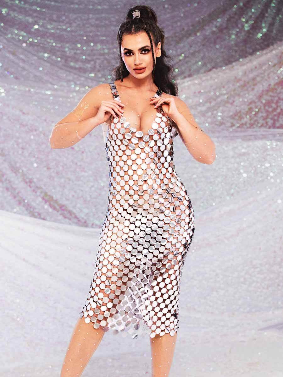 Silver Sequin Midi Dress - V-Neck Strappy Chainmail Dress - Image 5