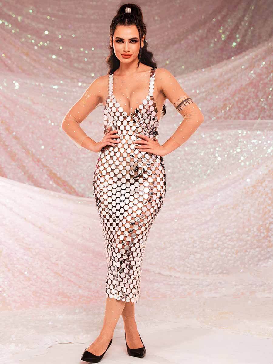 Silver Sequin Midi Dress - V-Neck Strappy Chainmail Dress - Image 6