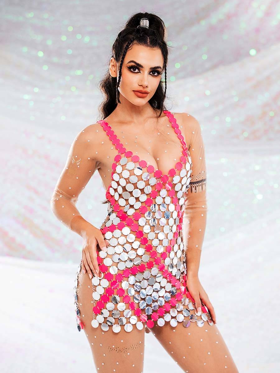 Red Embedded Silver Sequin Mini Dress - Summer Skirts - Image 5