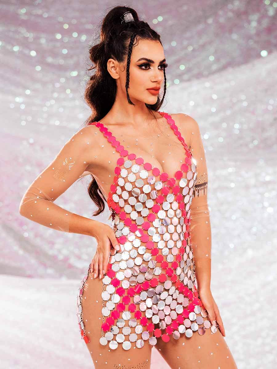 Red Embedded Silver Sequin Mini Dress - Summer Skirts - Image 6