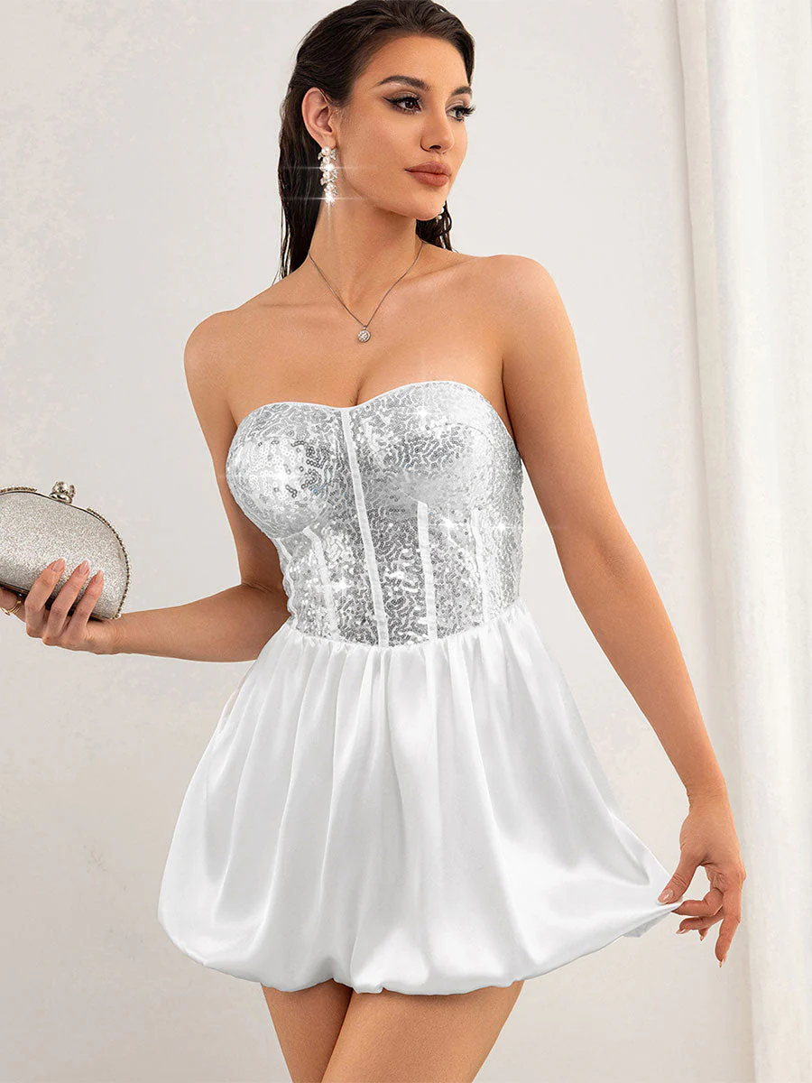 Silver Sequin Patchwork White Strapless Dress - Image 3