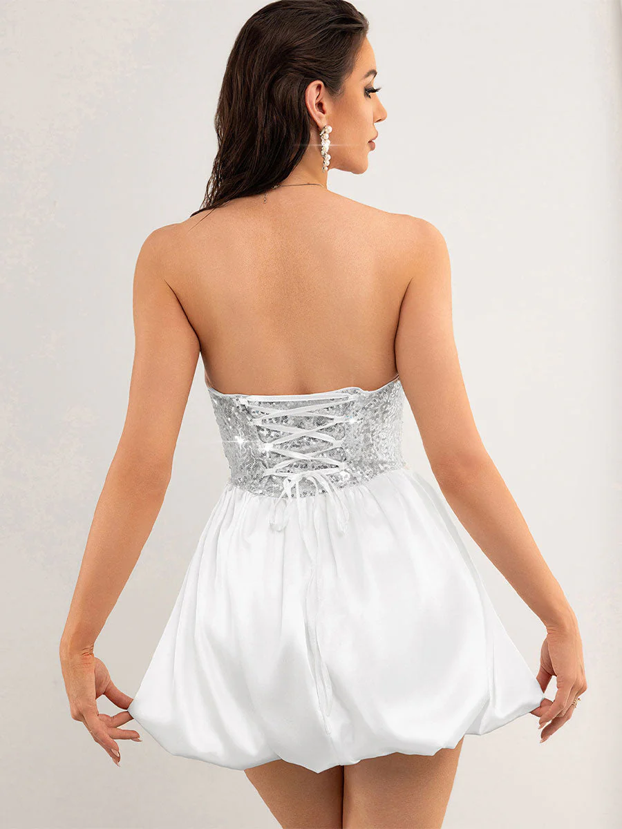 Silver Sequin Patchwork White Strapless Dress - Image 4