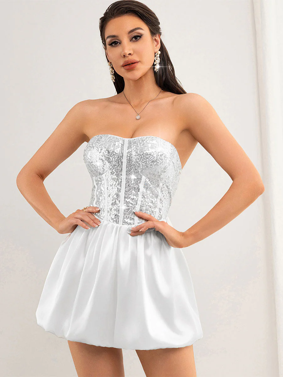 Silver Sequin Patchwork White Strapless Dress - Image 5