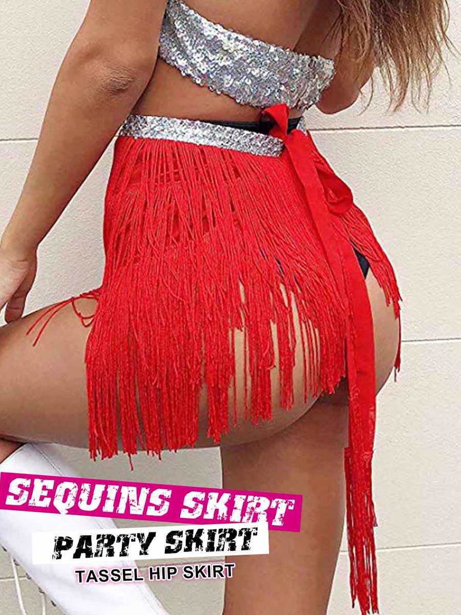 Silver Sequin Red Tassel Skirt - Image 6