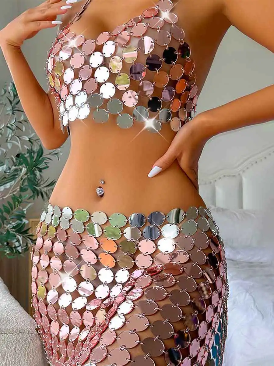 Silver Sequin Skirt Suit - Short Camisole Bra + Short Skirt - Image 3