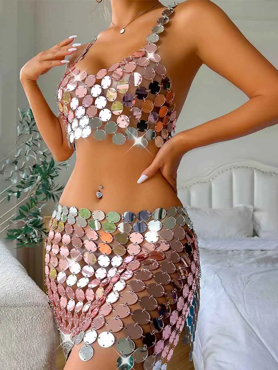 Silver Sequin Skirt Suit - Short Camisole Bra + Short Skirt - Image 4