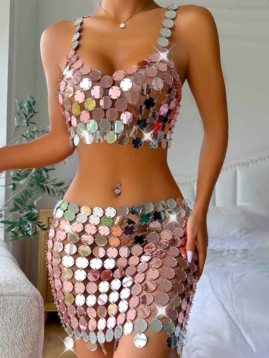 Silver Sequin Skirt Suit - Short Camisole Bra + Short Skirt - Image 5