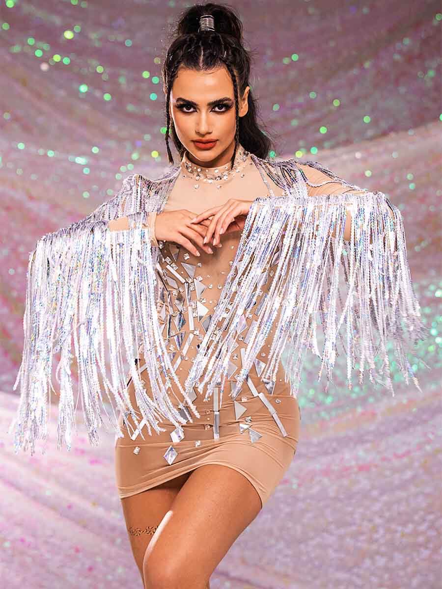 Silver Sequin Tassel Mini Dress - Mirror Dress With Rhinestones