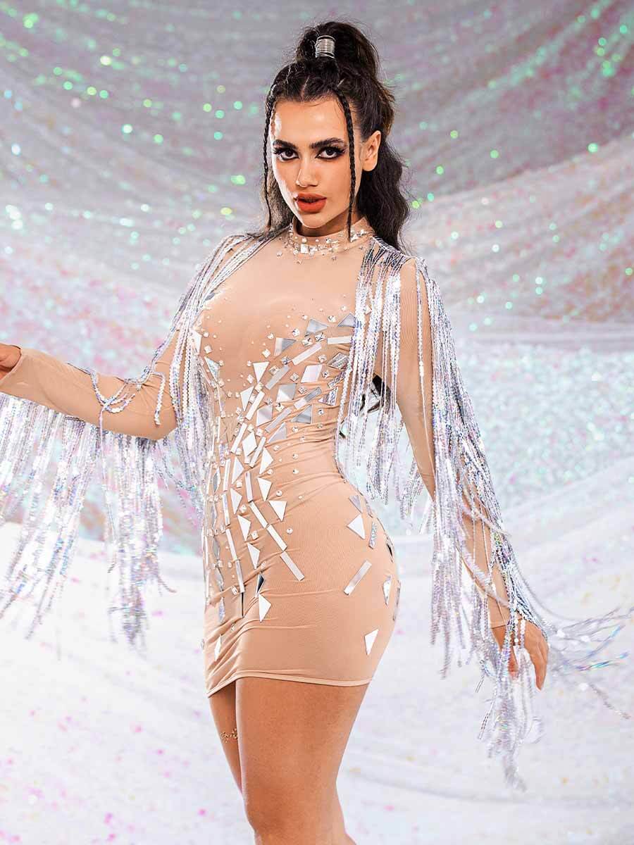 Silver Sequin Tassel Mini Dress - Mirror Dress With Rhinestones - Image 3