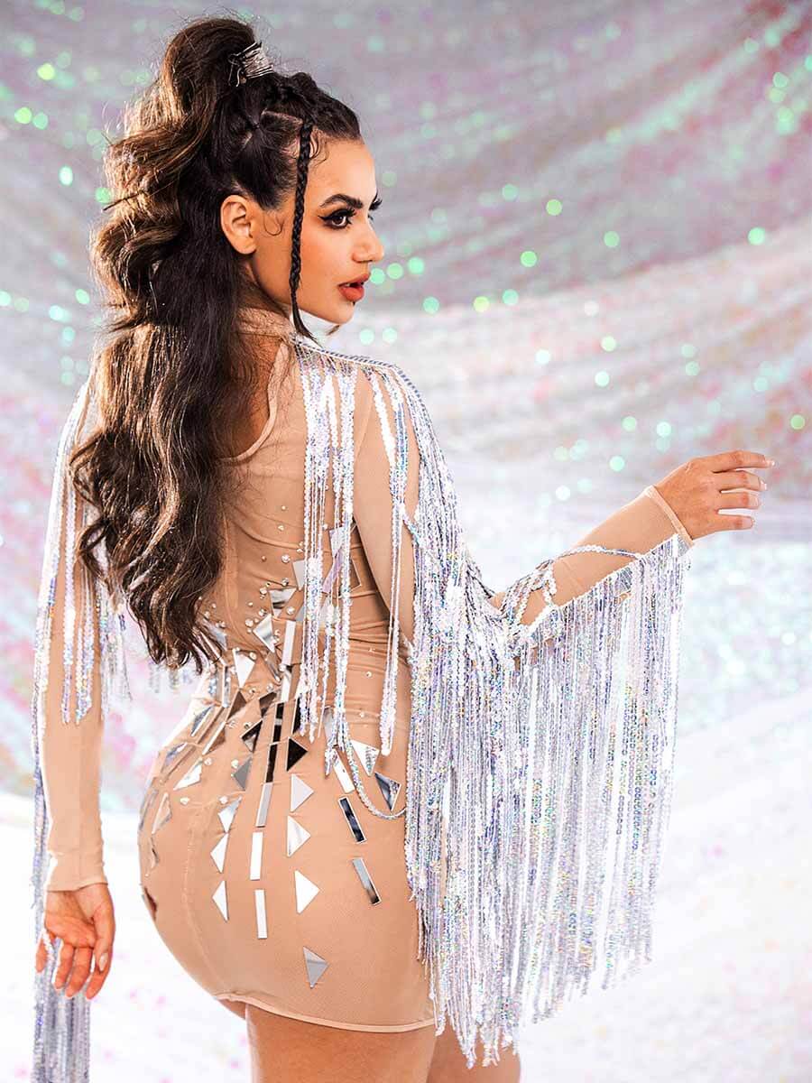 Silver Sequin Tassel Mini Dress - Mirror Dress With Rhinestones - Image 4