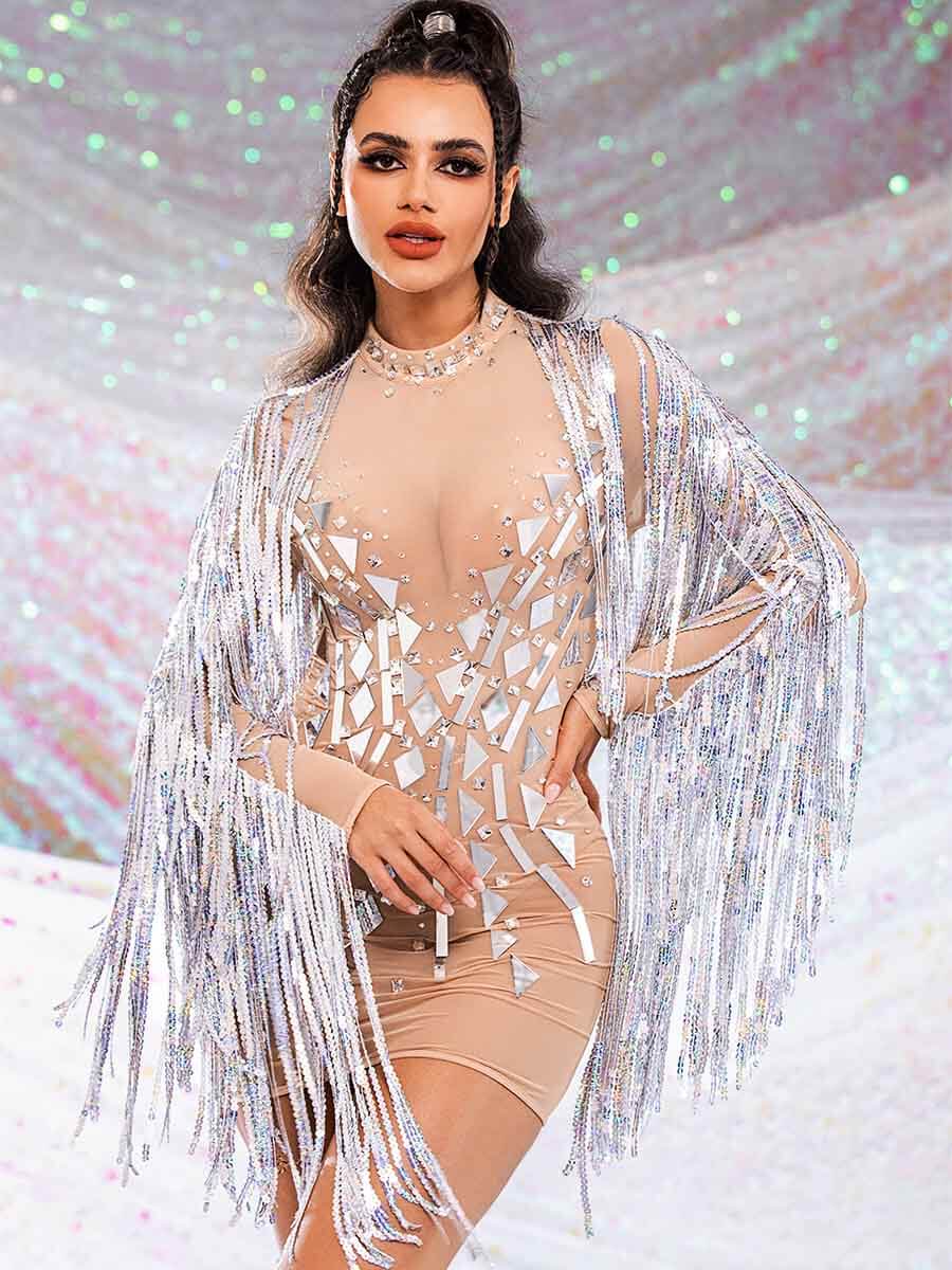 Silver Sequin Tassel Mini Dress - Mirror Dress With Rhinestones - Image 5