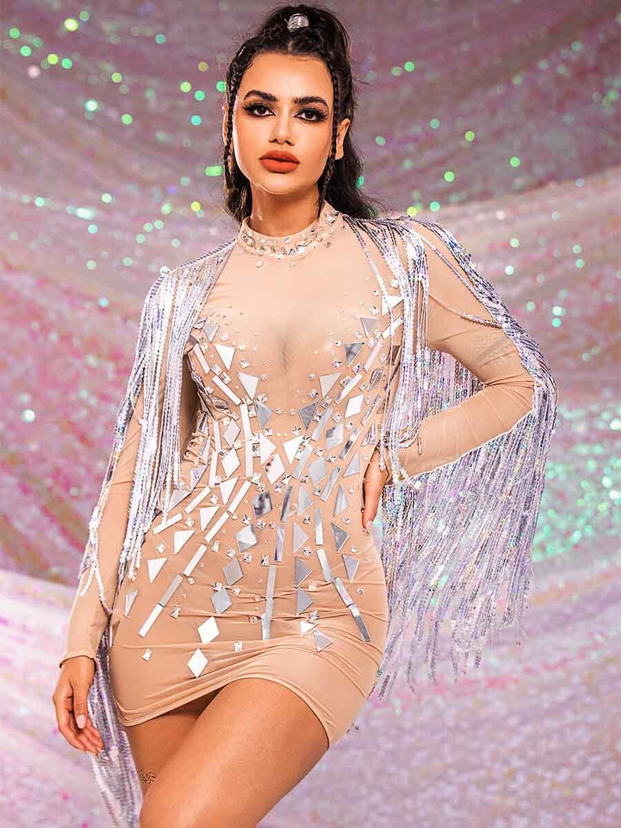Silver Sequin Tassel Mini Dress - Mirror Dress With Rhinestones - Image 7