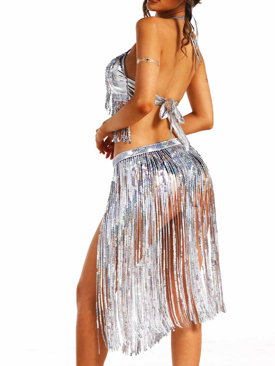 Silver Sequin Tassel Party Two-Piece Set - Image 4
