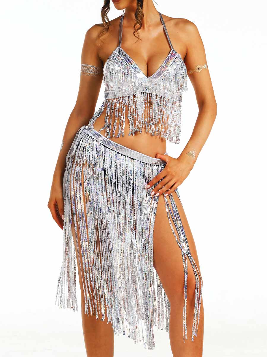 Silver Sequin Tassel Party Two-Piece Set - Image 5