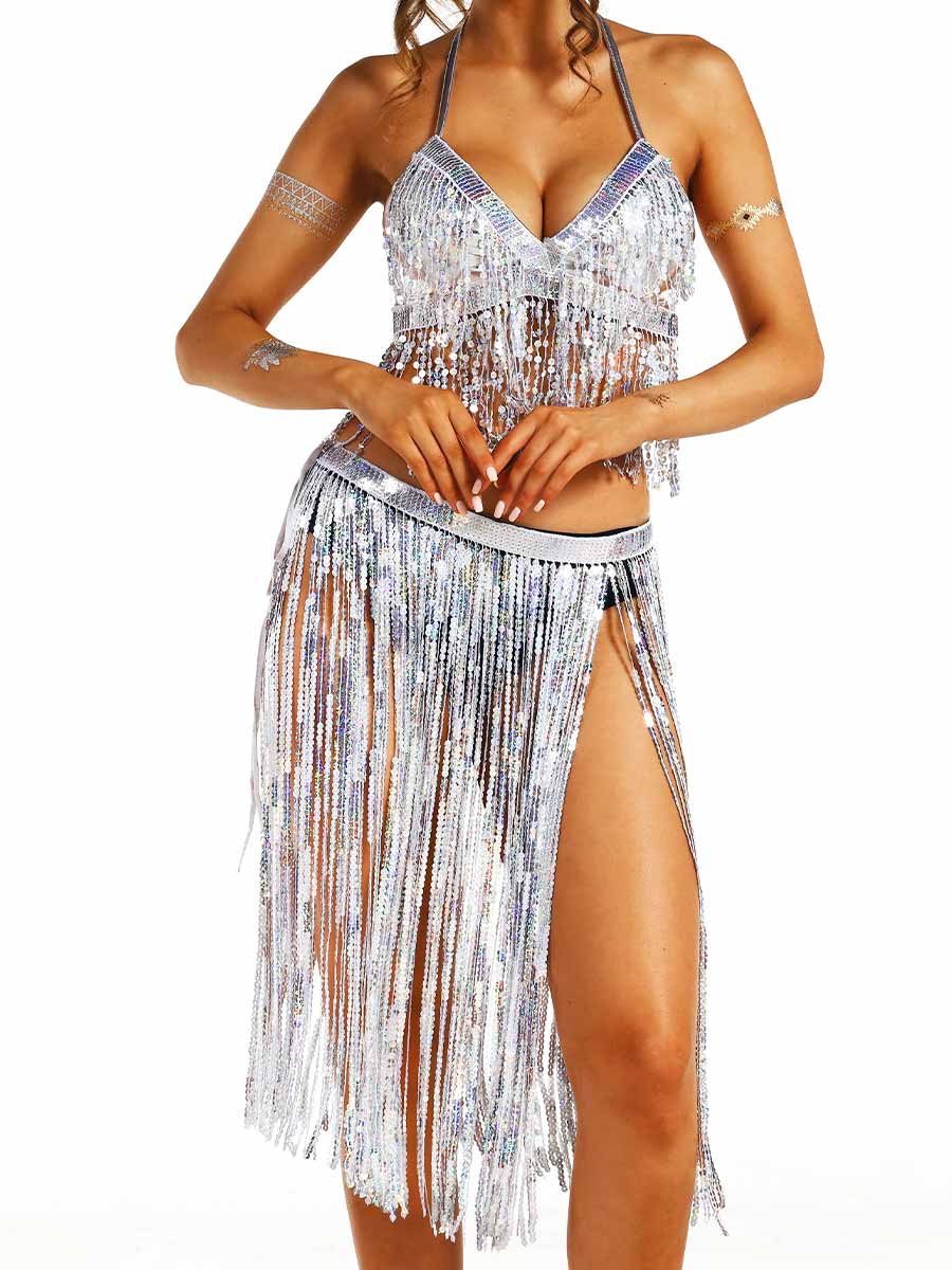 Silver Sequin Tassel Party Two-Piece Set - Image 6