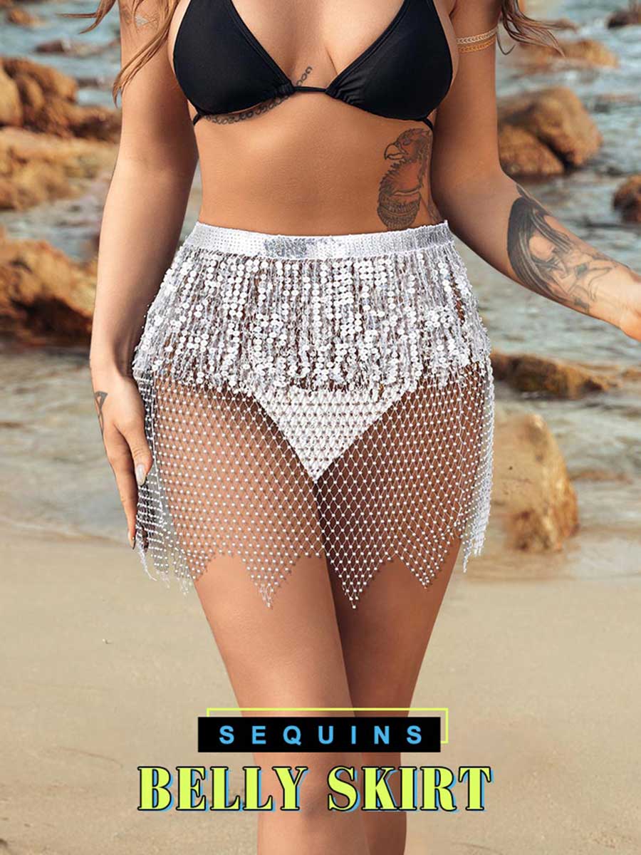 Silver Sequin Tasseled Rhinestone Fishnet Skirt - Image 2