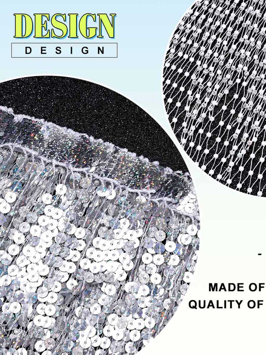 Silver Sequin Tasseled Rhinestone Fishnet Skirt - Image 3