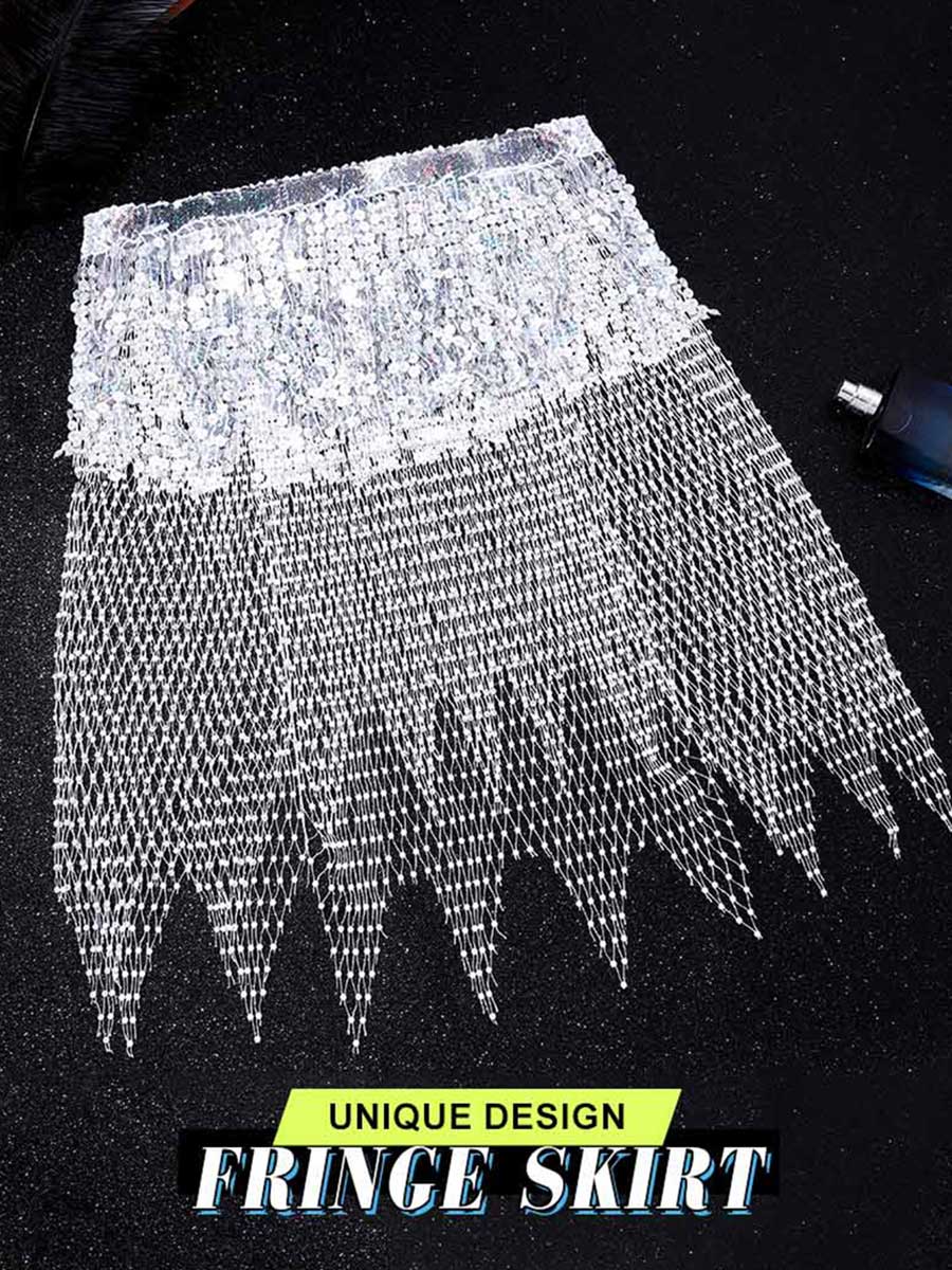 Silver Sequin Tasseled Rhinestone Fishnet Skirt - Image 4