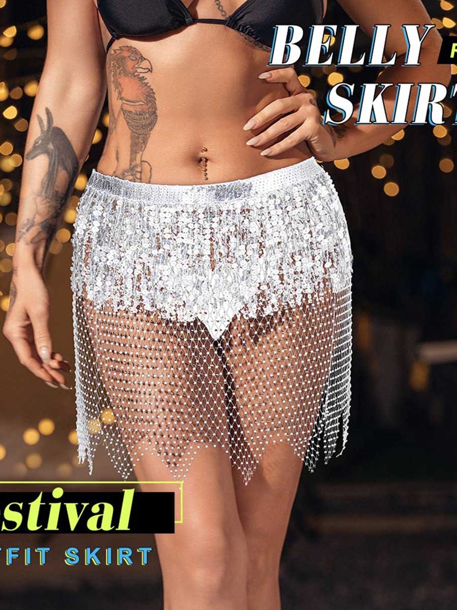 Silver Sequin Tasseled Rhinestone Fishnet Skirt - Image 5