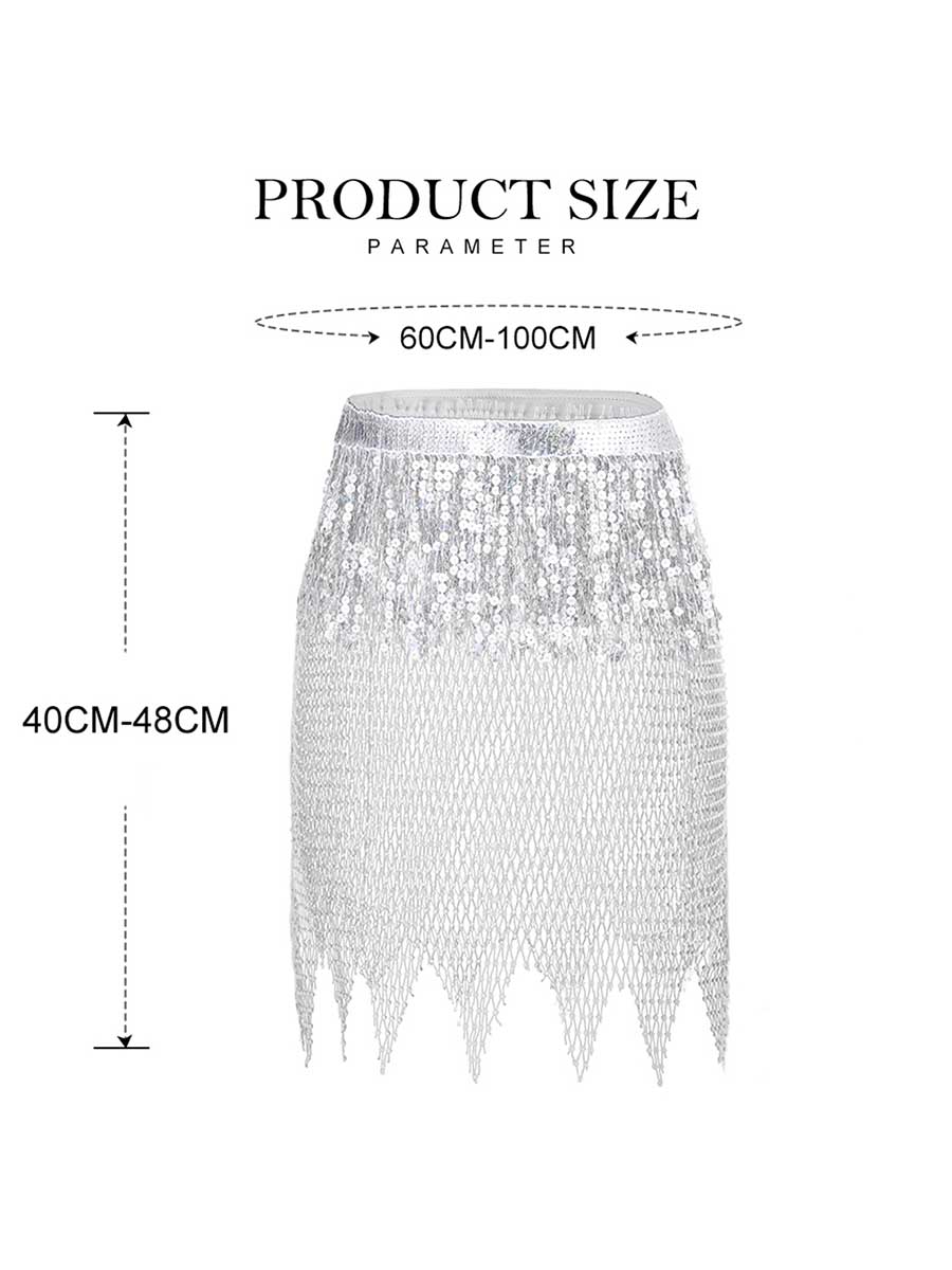 Silver Sequin Tasseled Rhinestone Fishnet Skirt - Image 7