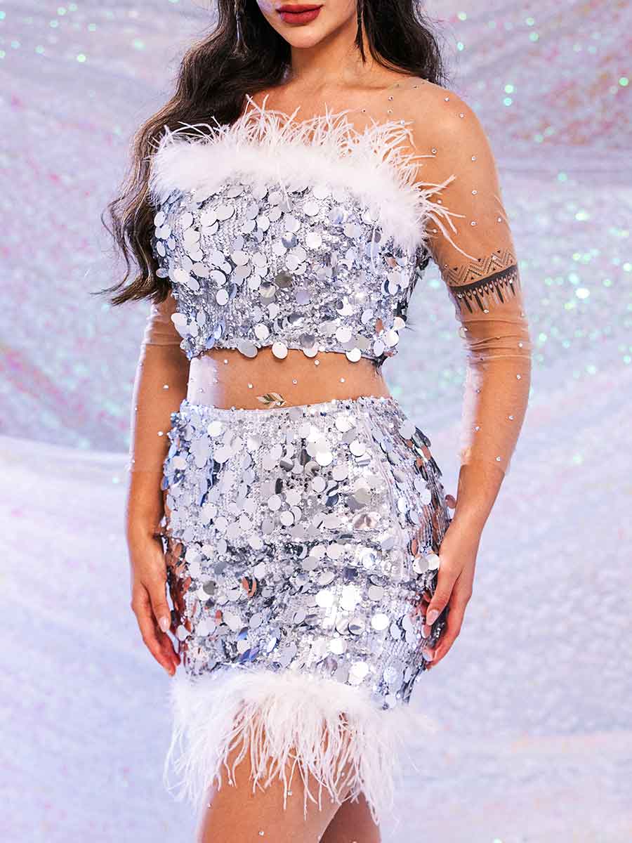 Silver Sequin Two Piece Set - Short Sparkling Feather Set - Image 5