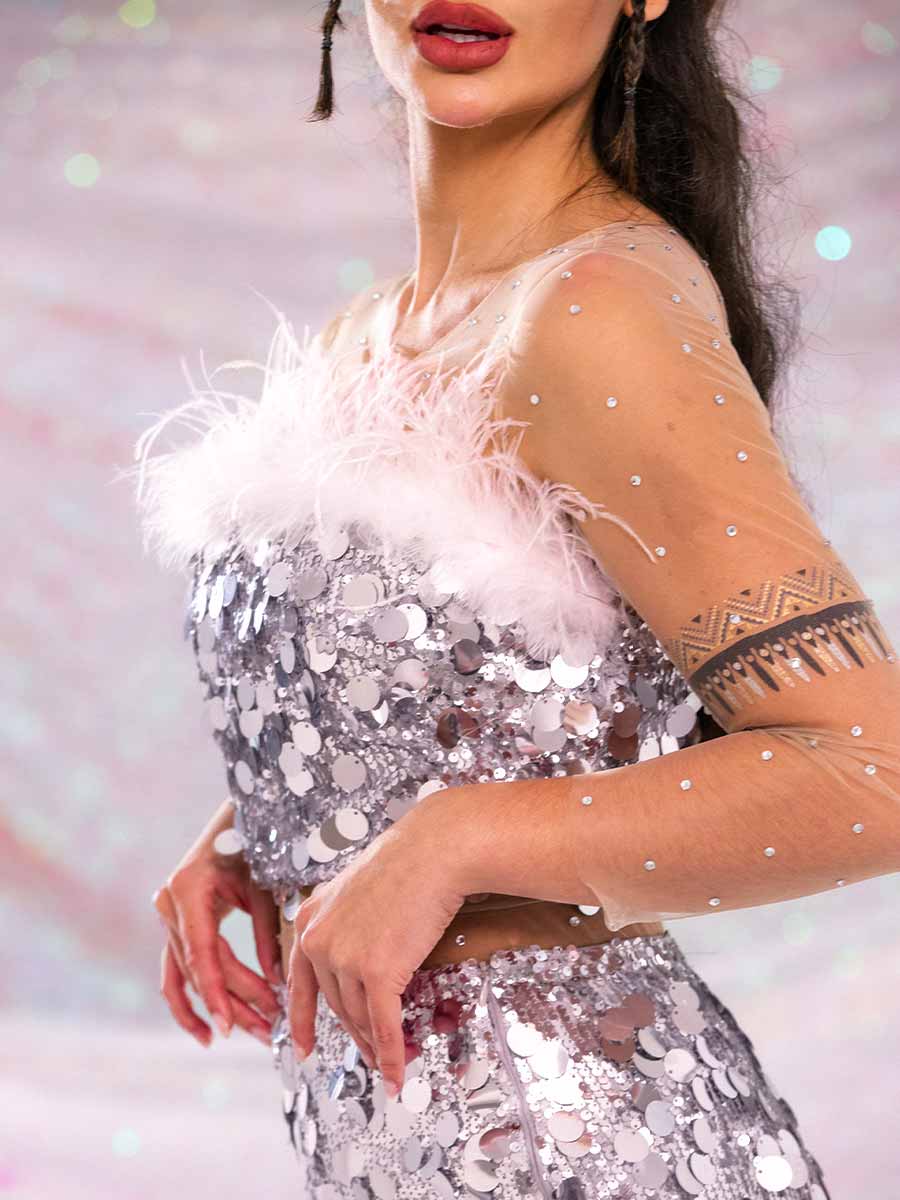 Silver Sequin Two Piece Set - Short Sparkling Feather Set - Image 7