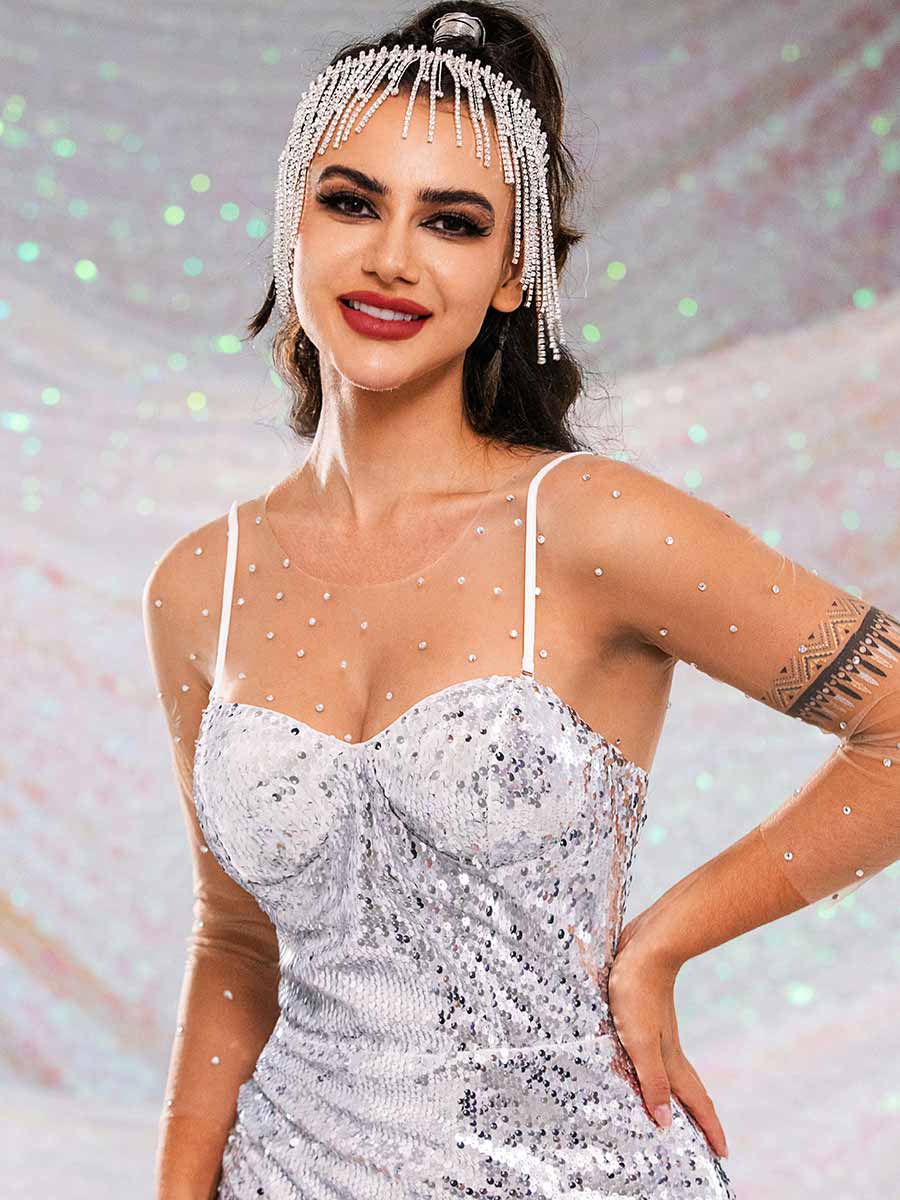 Silver Sparkly Mermaid Dress - Elegant Midi Slip Dress - Image 2