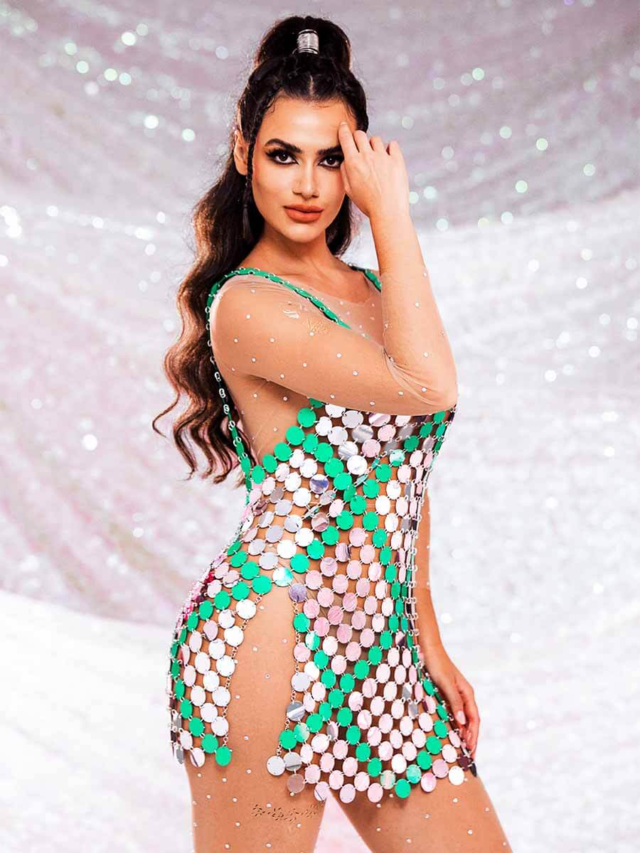 Silver Sparkly Mini Dress - Embellished Green Sequin Dress - Image 2