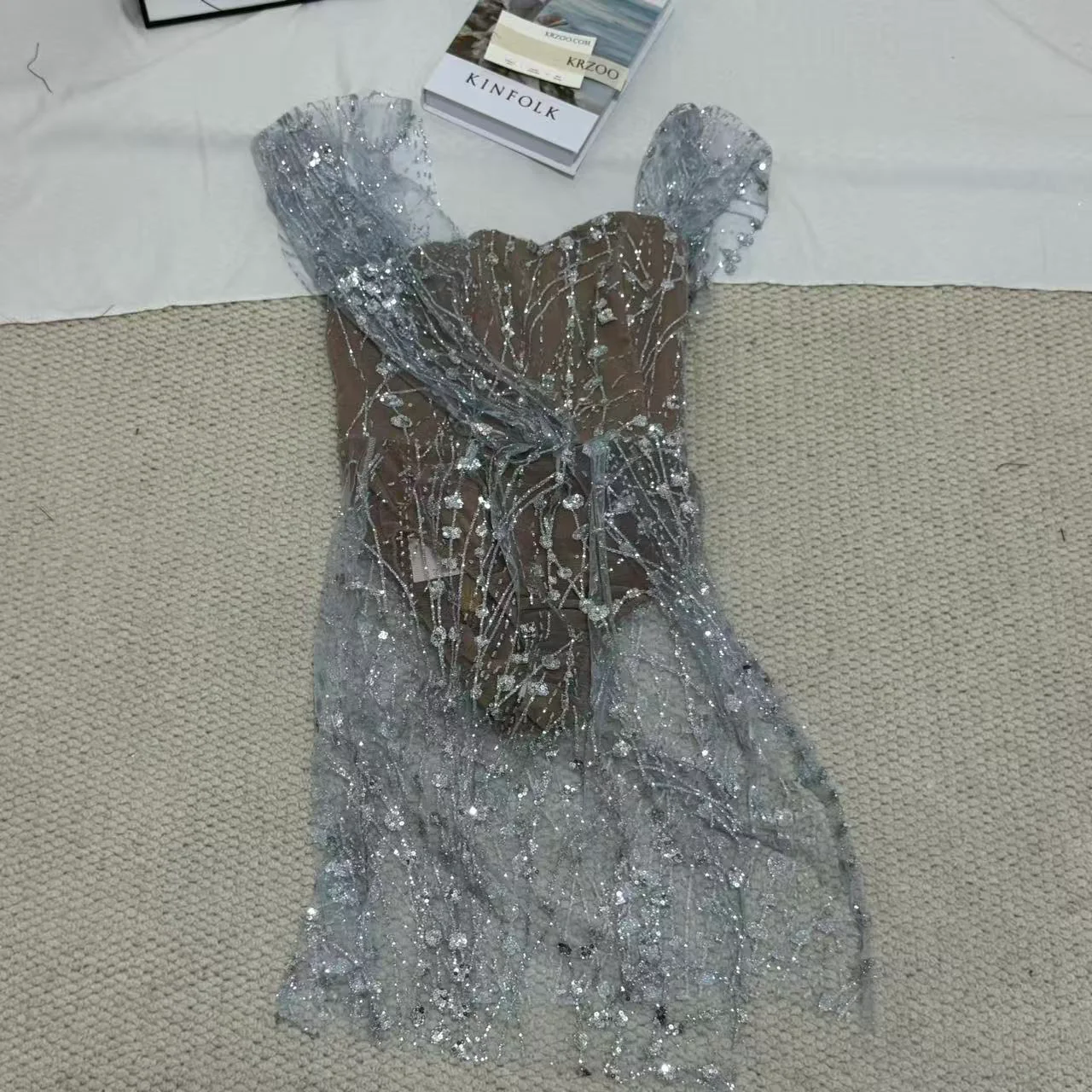 Silver Strapless Sequin Gown - Image 2