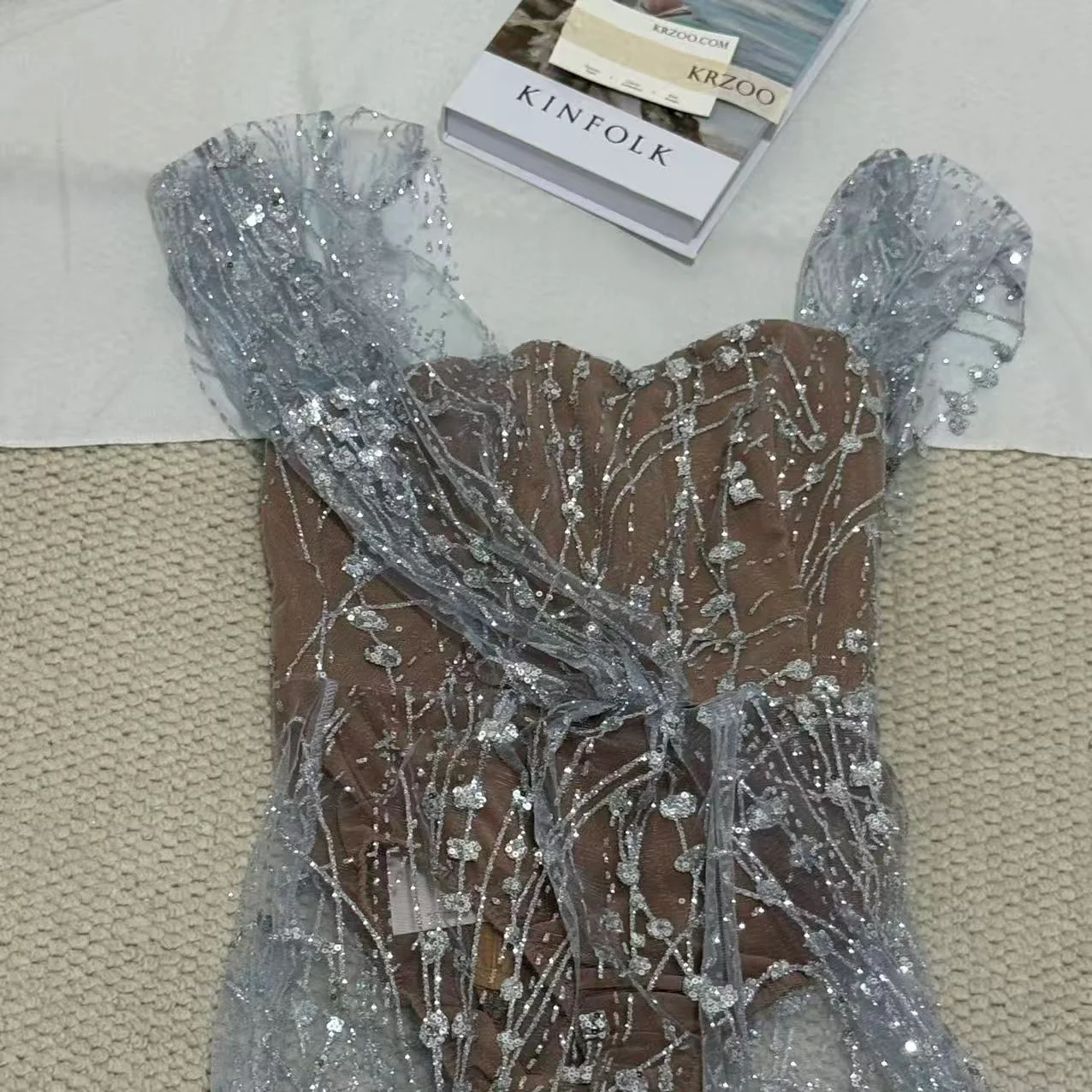 Silver Strapless Sequin Gown - Image 3