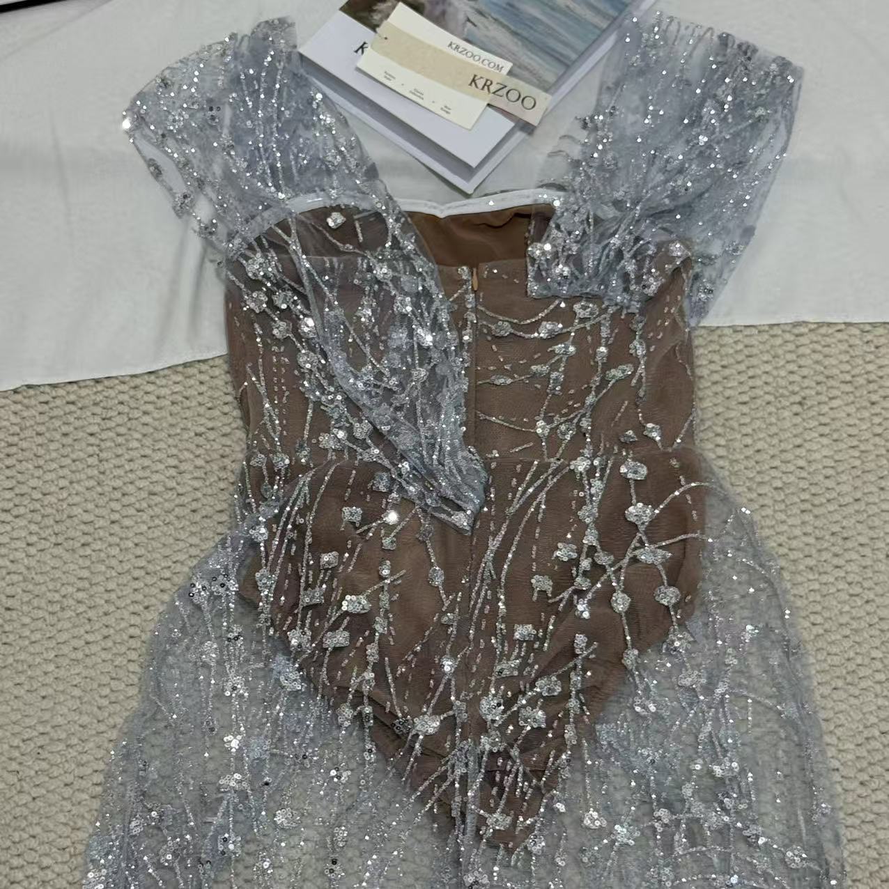 Silver Strapless Sequin Gown - Image 5