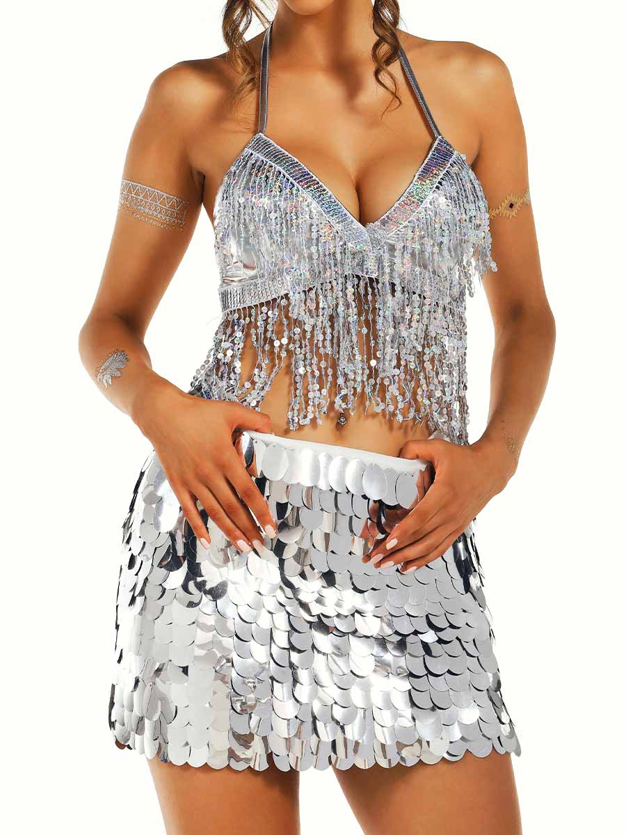 Silver Tassel Bra and Sequin Skirt Set - Image 2