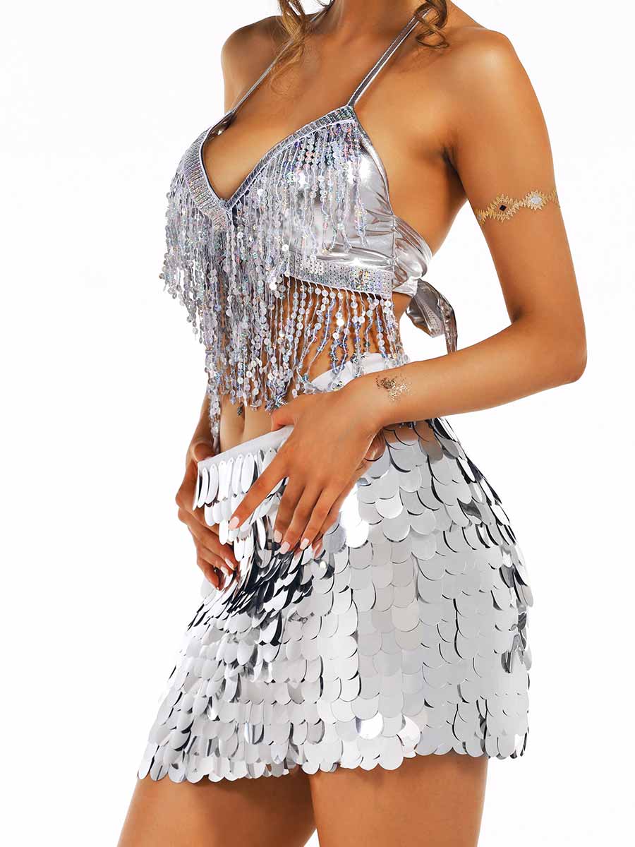 Silver Tassel Bra and Sequin Skirt Set - Image 3