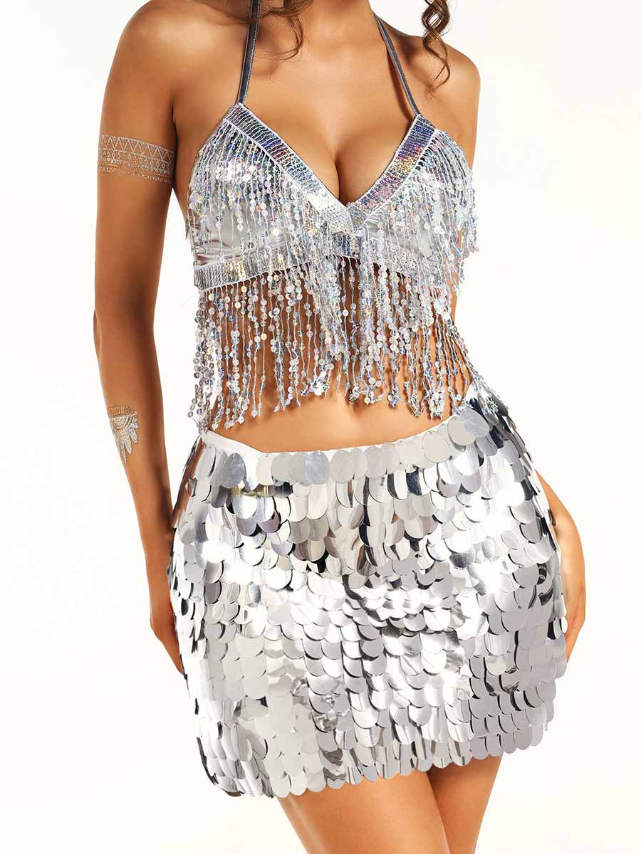 Silver Tassel Bra and Sequin Skirt Set - Image 6