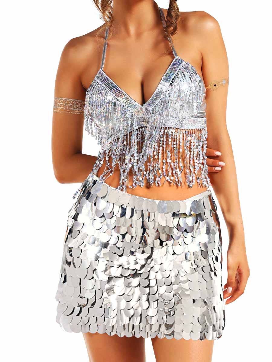 Silver Tassel Bra and Sequin Skirt Set - Image 7