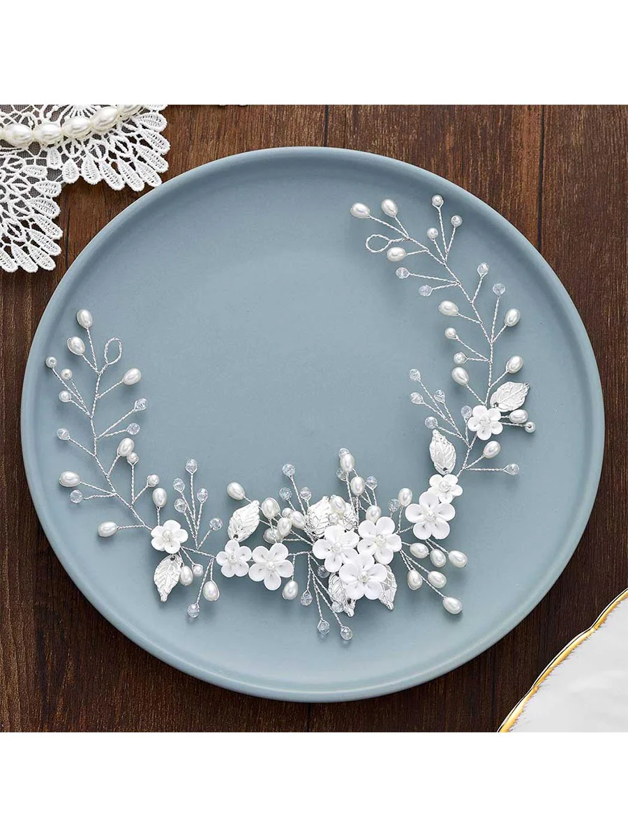 Silver Vine White Flower Leaf Pearl Hair Accessory - Image 2