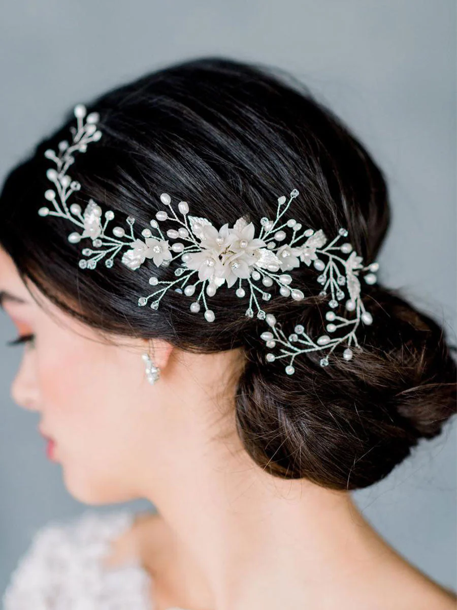 Silver Vine White Flower Leaf Pearl Hair Accessory - Image 3