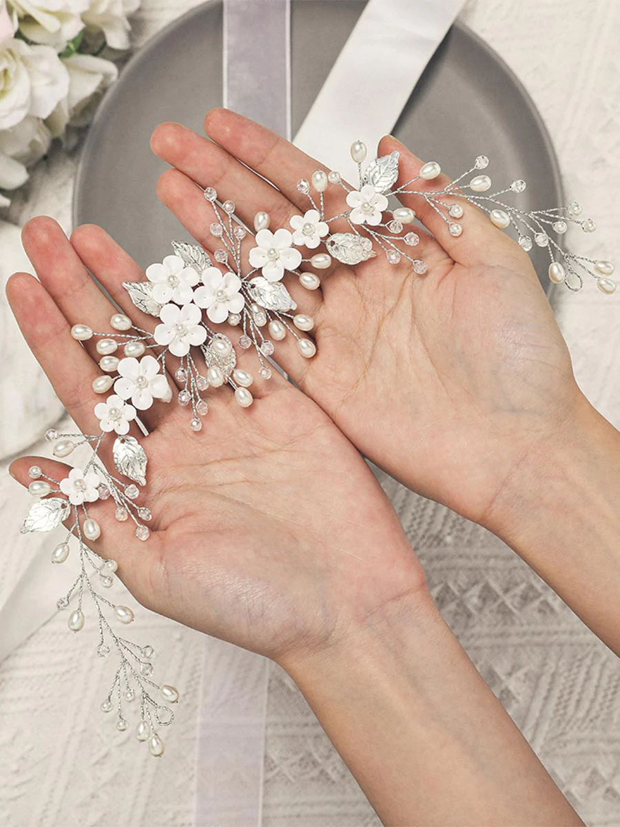 Silver Vine White Flower Leaf Pearl Hair Accessory - Image 5