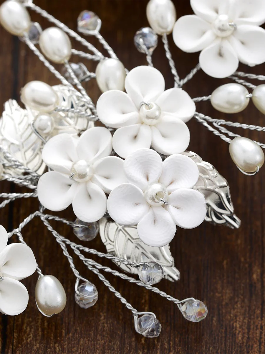 Silver Vine White Flower Leaf Pearl Hair Accessory - Image 6