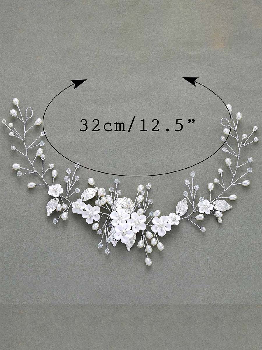 Silver Vine White Flower Leaf Pearl Hair Accessory - Image 7