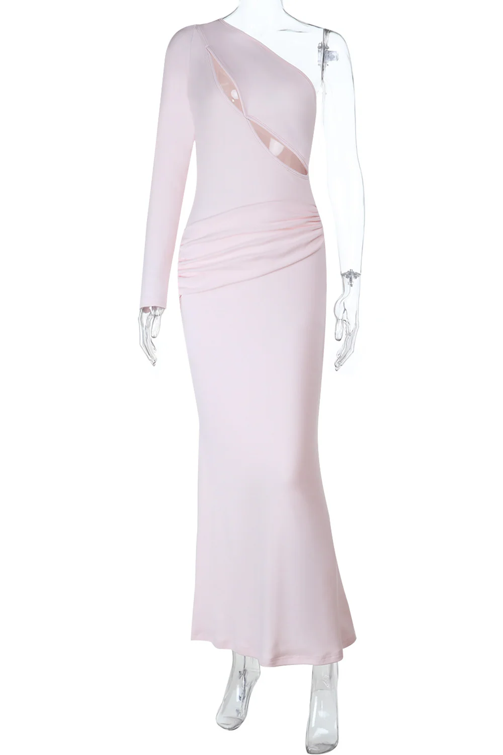 Skew Neck Long Sleeve Cutout Ruched Slim Fit Plain Maxi Dresses-Pink - Image 6