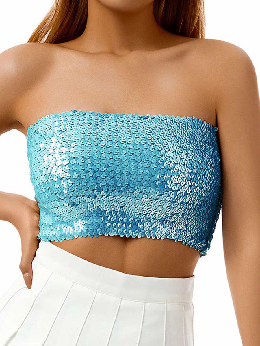 Sky Blue Sequin Bandeau Top - Image 3