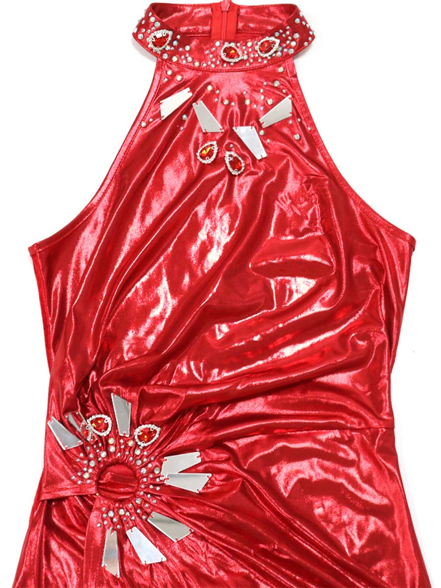 Sleeveless High-Slit Solid Color Rhinestone Reflective Dress - Image 5