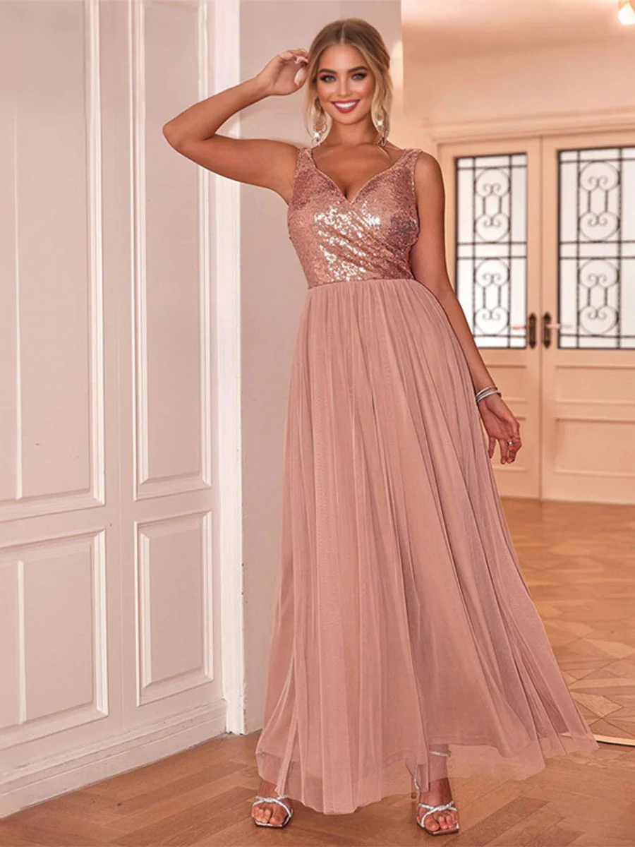 Sleeveless V-Neck Sequin Chiffon Patchwork Evening Gown