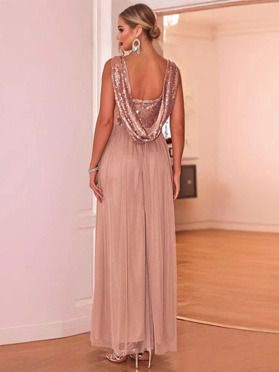 Sleeveless V-Neck Sequin Chiffon Patchwork Evening Gown - Image 2