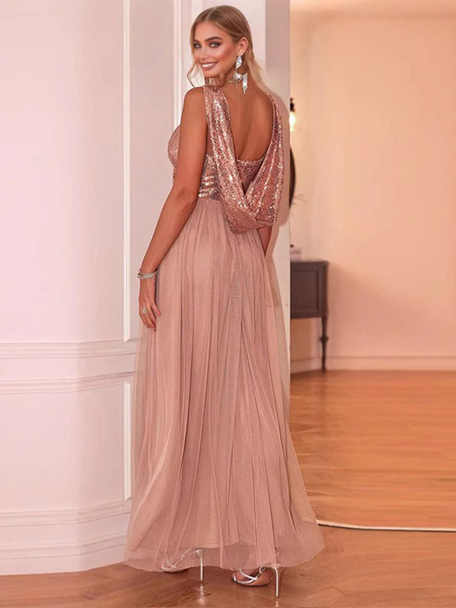 Sleeveless V-Neck Sequin Chiffon Patchwork Evening Gown - Image 3