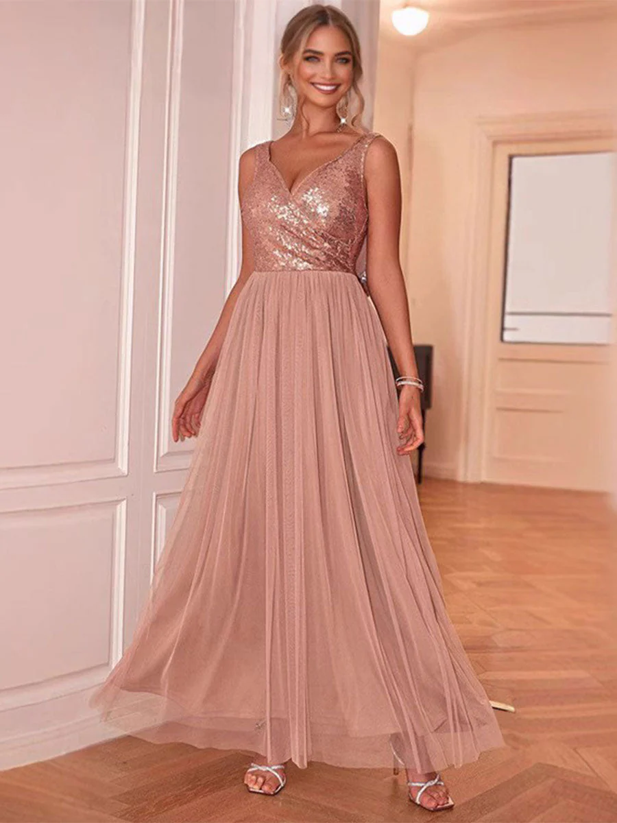 Sleeveless V-Neck Sequin Chiffon Patchwork Evening Gown - Image 4