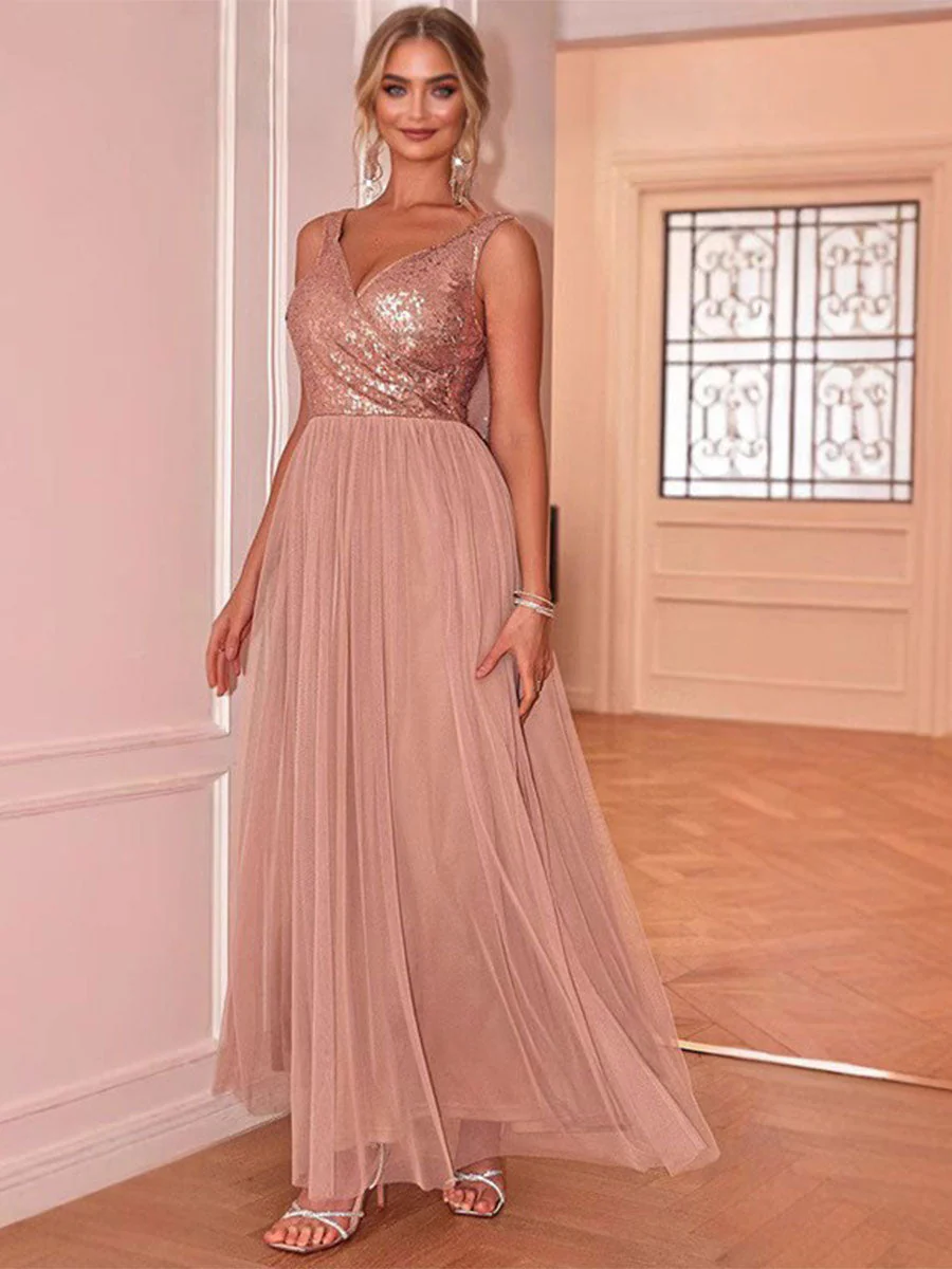 Sleeveless V-Neck Sequin Chiffon Patchwork Evening Gown - Image 5